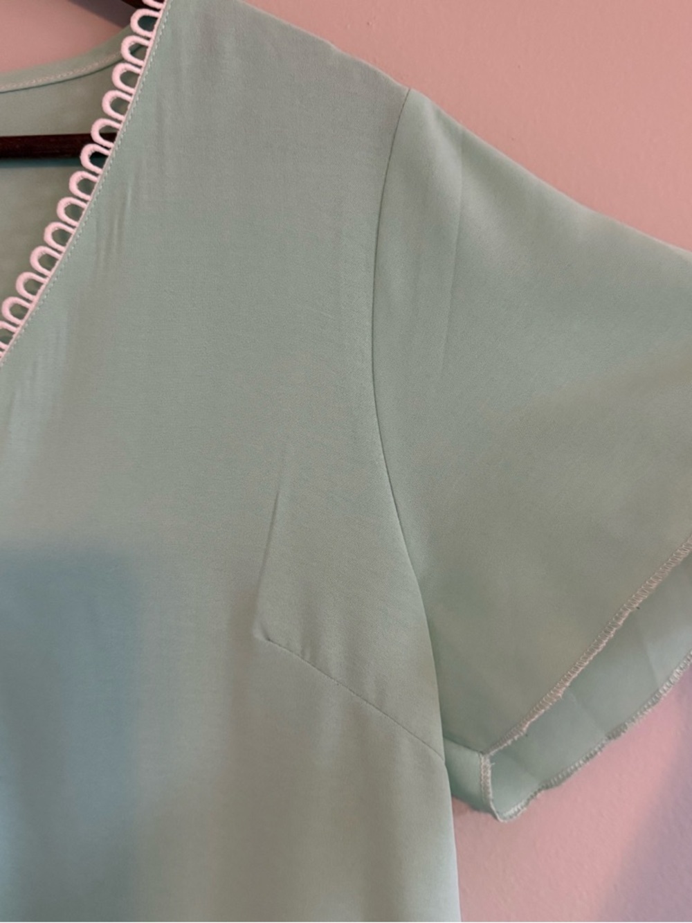 V-Neck Mint Short Sleeve Blouse with Loop Trim - Picture 8 of 10